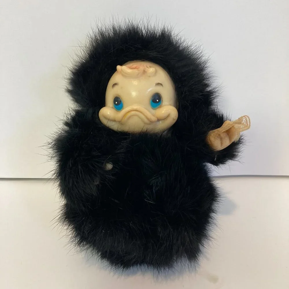 Vintage 6" Furry Baby Duck Doll Figure Black Fuzzy Bundle Plastic Head - Picture 1 of 9